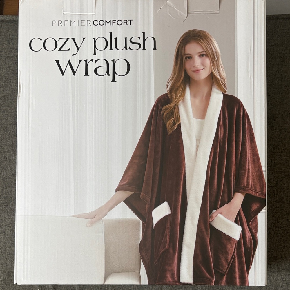 Premier Comfort Cozy Plush Wrap in Chocolate Brown with Cream Trim